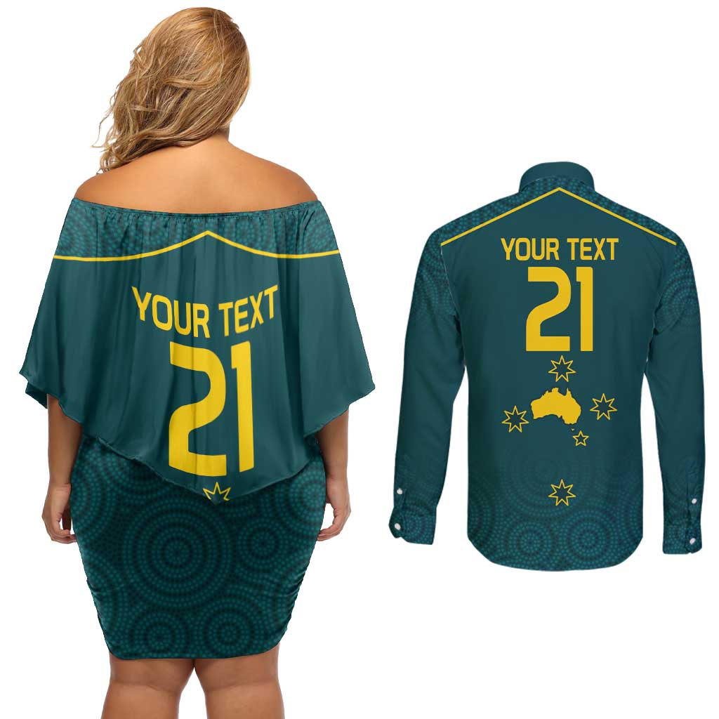 Custom Australia Rugby Couples Matching Off Shoulder Short Dress and Long Sleeve Button Shirt Proud of Aussie Kangaroo