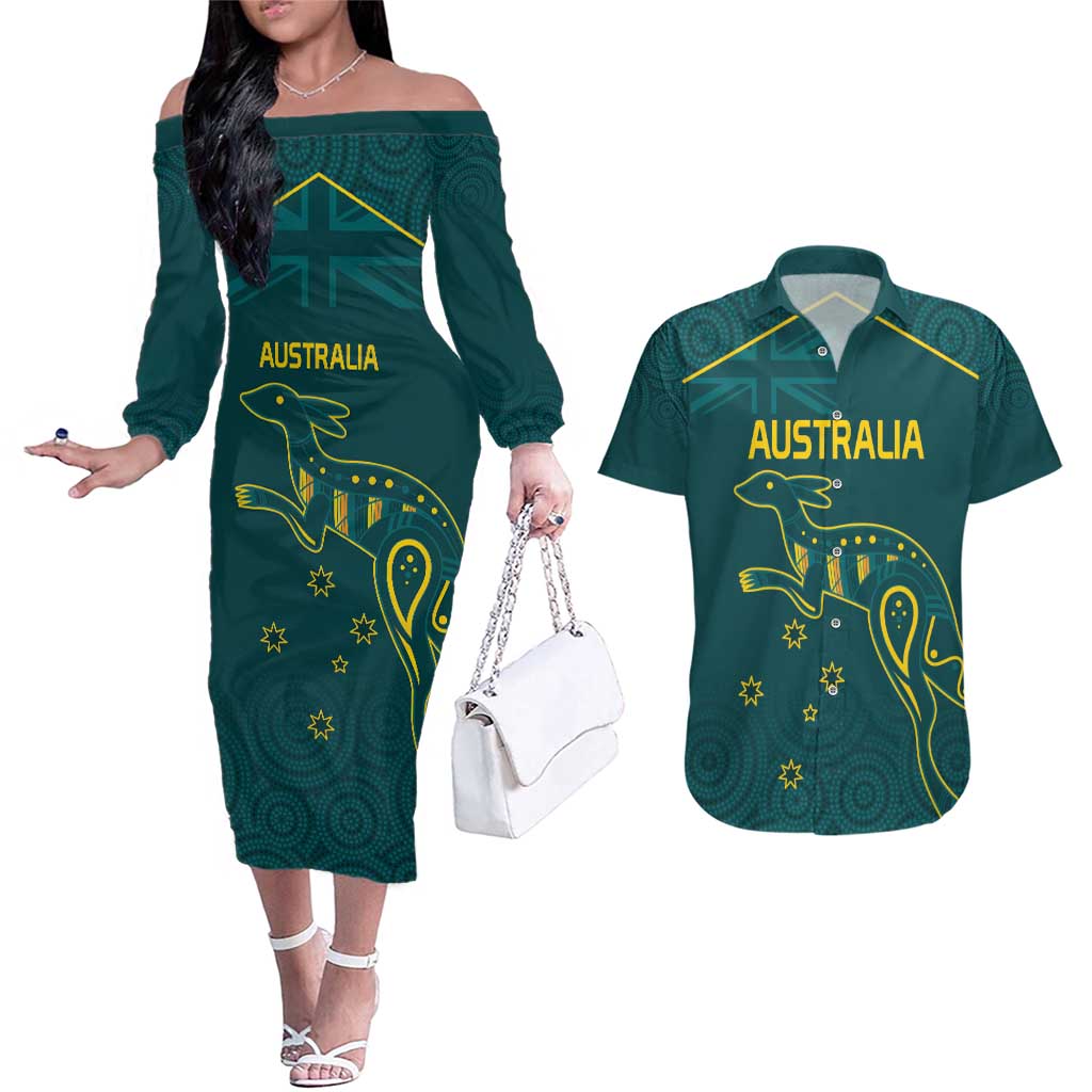 Custom Australia Rugby Couples Matching Off The Shoulder Long Sleeve Dress and Hawaiian Shirt Proud of Aussie Kangaroo