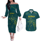 Custom Australia Rugby Couples Matching Off The Shoulder Long Sleeve Dress and Hawaiian Shirt Proud of Aussie Kangaroo