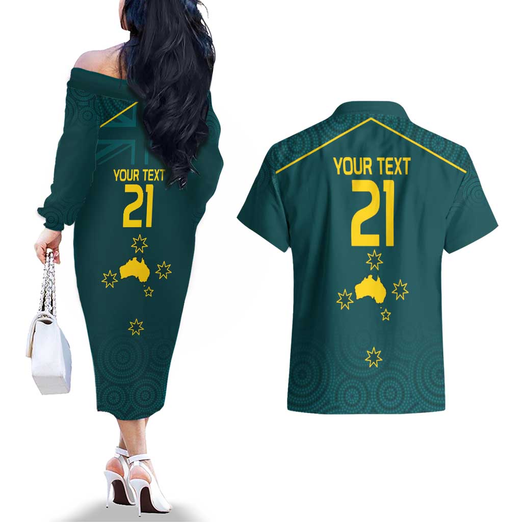 Custom Australia Rugby Couples Matching Off The Shoulder Long Sleeve Dress and Hawaiian Shirt Proud of Aussie Kangaroo