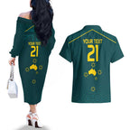 Custom Australia Rugby Couples Matching Off The Shoulder Long Sleeve Dress and Hawaiian Shirt Proud of Aussie Kangaroo