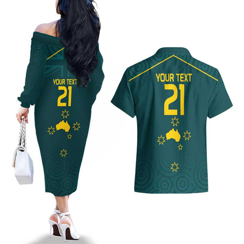 Custom Australia Rugby Couples Matching Off The Shoulder Long Sleeve Dress and Hawaiian Shirt Proud of Aussie Kangaroo