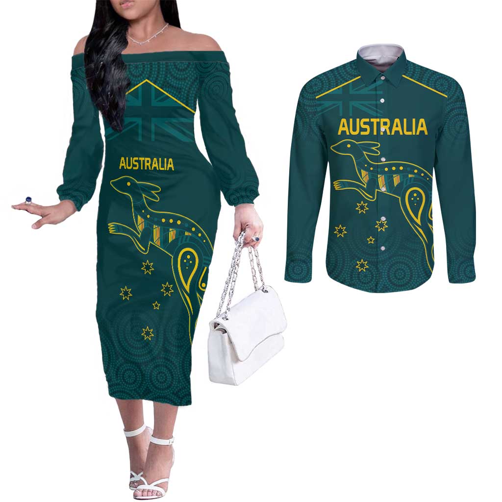 Custom Australia Rugby Couples Matching Off The Shoulder Long Sleeve Dress and Long Sleeve Button Shirt Proud of Aussie Kangaroo