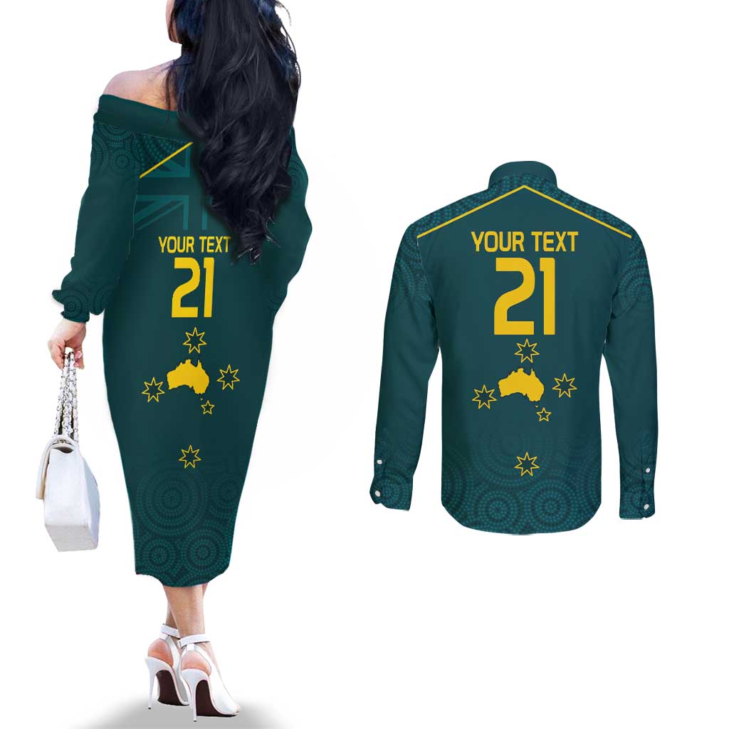 Custom Australia Rugby Couples Matching Off The Shoulder Long Sleeve Dress and Long Sleeve Button Shirt Proud of Aussie Kangaroo