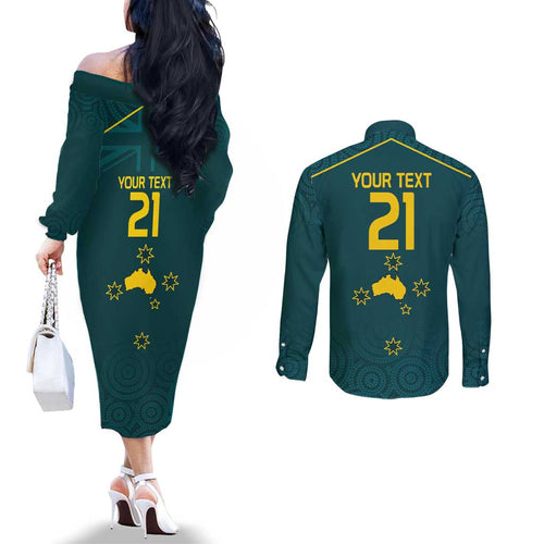Custom Australia Rugby Couples Matching Off The Shoulder Long Sleeve Dress and Long Sleeve Button Shirt Proud of Aussie Kangaroo