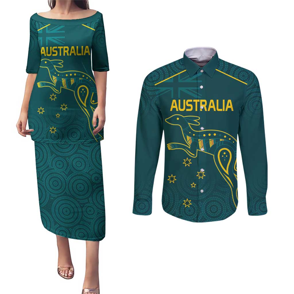 Custom Australia Rugby Couples Matching Puletasi and Long Sleeve Button Shirt Proud of Aussie Kangaroo