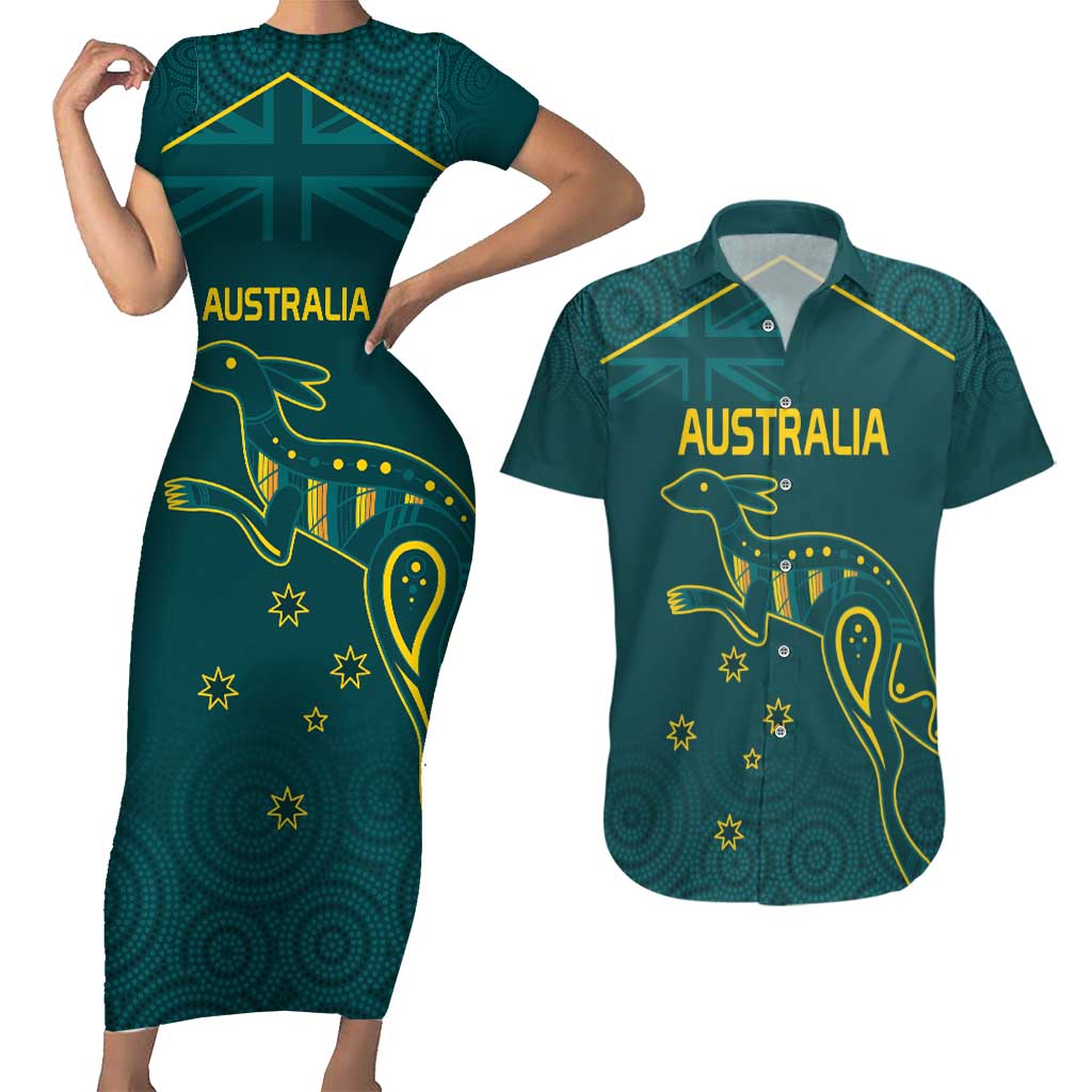 Custom Australia Rugby Couples Matching Short Sleeve Bodycon Dress and Hawaiian Shirt Proud of Aussie Kangaroo