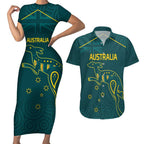 Custom Australia Rugby Couples Matching Short Sleeve Bodycon Dress and Hawaiian Shirt Proud of Aussie Kangaroo