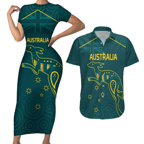 Custom Australia Rugby Couples Matching Short Sleeve Bodycon Dress and Hawaiian Shirt Proud of Aussie Kangaroo