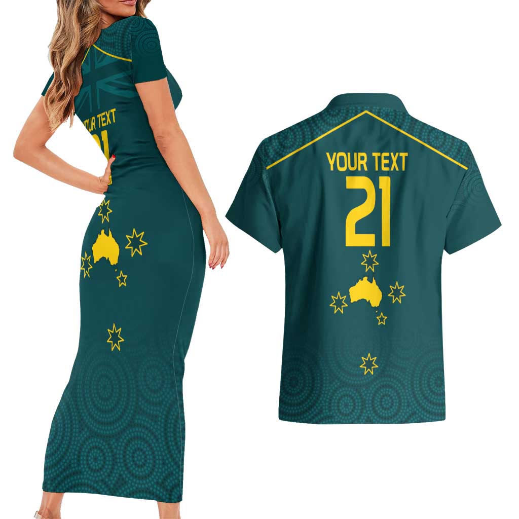 Custom Australia Rugby Couples Matching Short Sleeve Bodycon Dress and Hawaiian Shirt Proud of Aussie Kangaroo