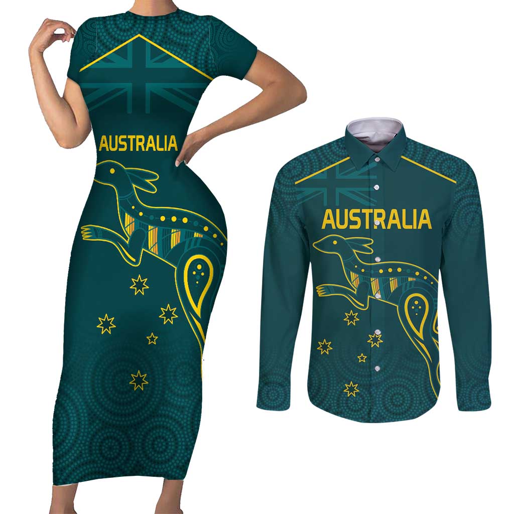 Custom Australia Rugby Couples Matching Short Sleeve Bodycon Dress and Long Sleeve Button Shirt Proud of Aussie Kangaroo