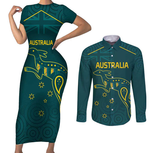 Custom Australia Rugby Couples Matching Short Sleeve Bodycon Dress and Long Sleeve Button Shirt Proud of Aussie Kangaroo