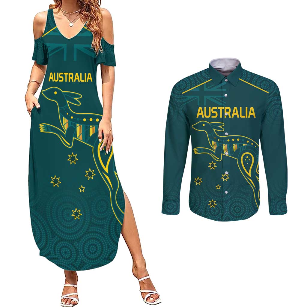 Custom Australia Rugby Couples Matching Summer Maxi Dress and Long Sleeve Button Shirt Proud of Aussie Kangaroo