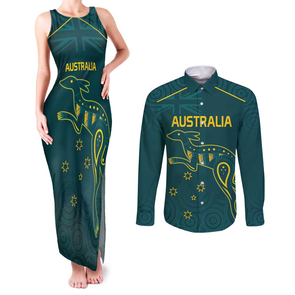 Custom Australia Rugby Couples Matching Tank Maxi Dress and Long Sleeve Button Shirt Proud of Aussie Kangaroo