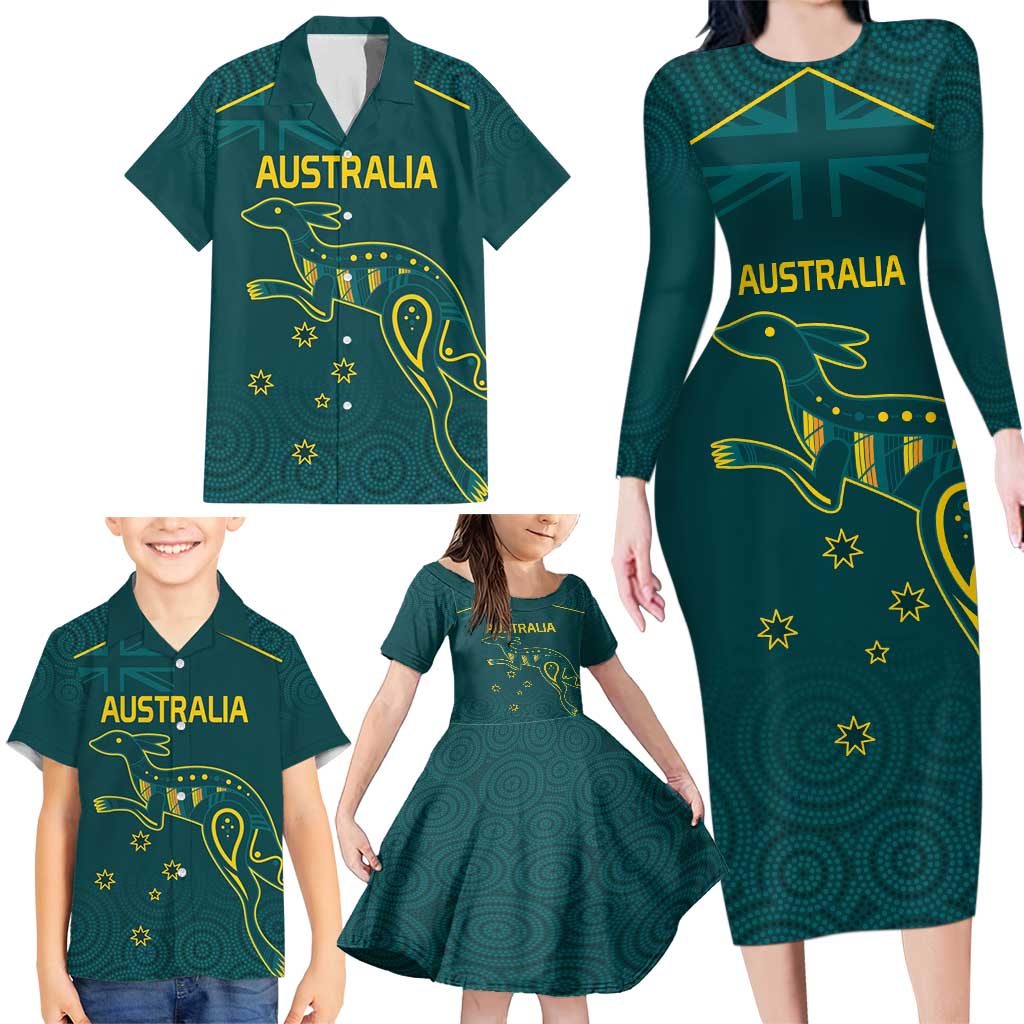 Custom Australia Rugby Family Matching Long Sleeve Bodycon Dress and Hawaiian Shirt Proud of Aussie Kangaroo