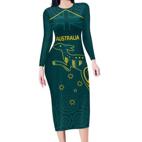 Custom Australia Rugby Family Matching Long Sleeve Bodycon Dress and Hawaiian Shirt Proud of Aussie Kangaroo