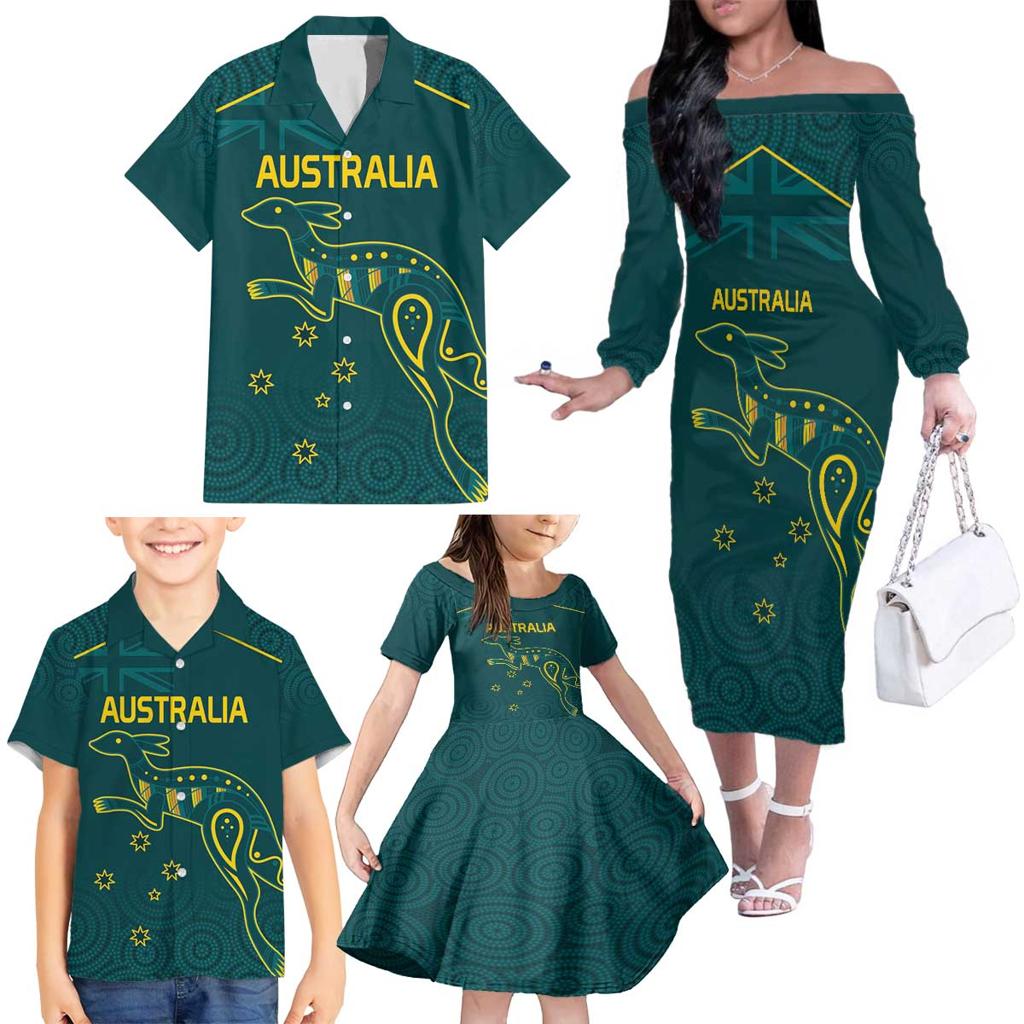 Custom Australia Rugby Family Matching Off The Shoulder Long Sleeve Dress and Hawaiian Shirt Proud of Aussie Kangaroo