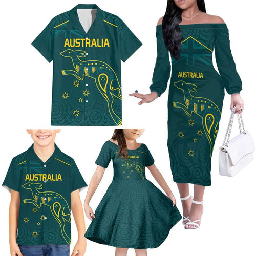 Custom Australia Rugby Family Matching Off The Shoulder Long Sleeve Dress and Hawaiian Shirt Proud of Aussie Kangaroo