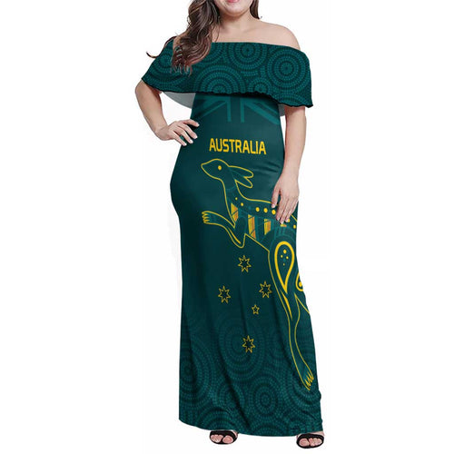 Custom Australia Rugby Family Matching Off Shoulder Maxi Dress and Hawaiian Shirt Proud of Aussie Kangaroo