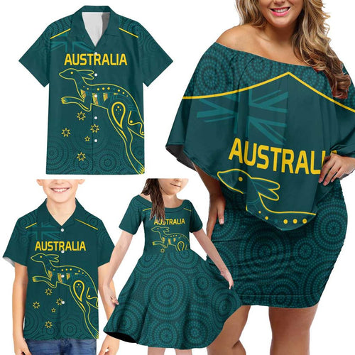 Custom Australia Rugby Family Matching Off Shoulder Short Dress and Hawaiian Shirt Proud of Aussie Kangaroo