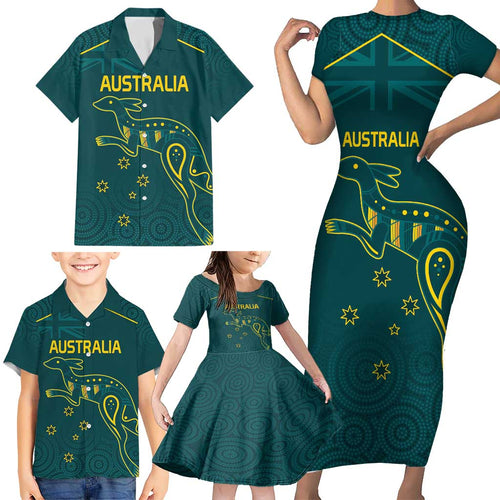 Custom Australia Rugby Family Matching Short Sleeve Bodycon Dress and Hawaiian Shirt Proud of Aussie Kangaroo