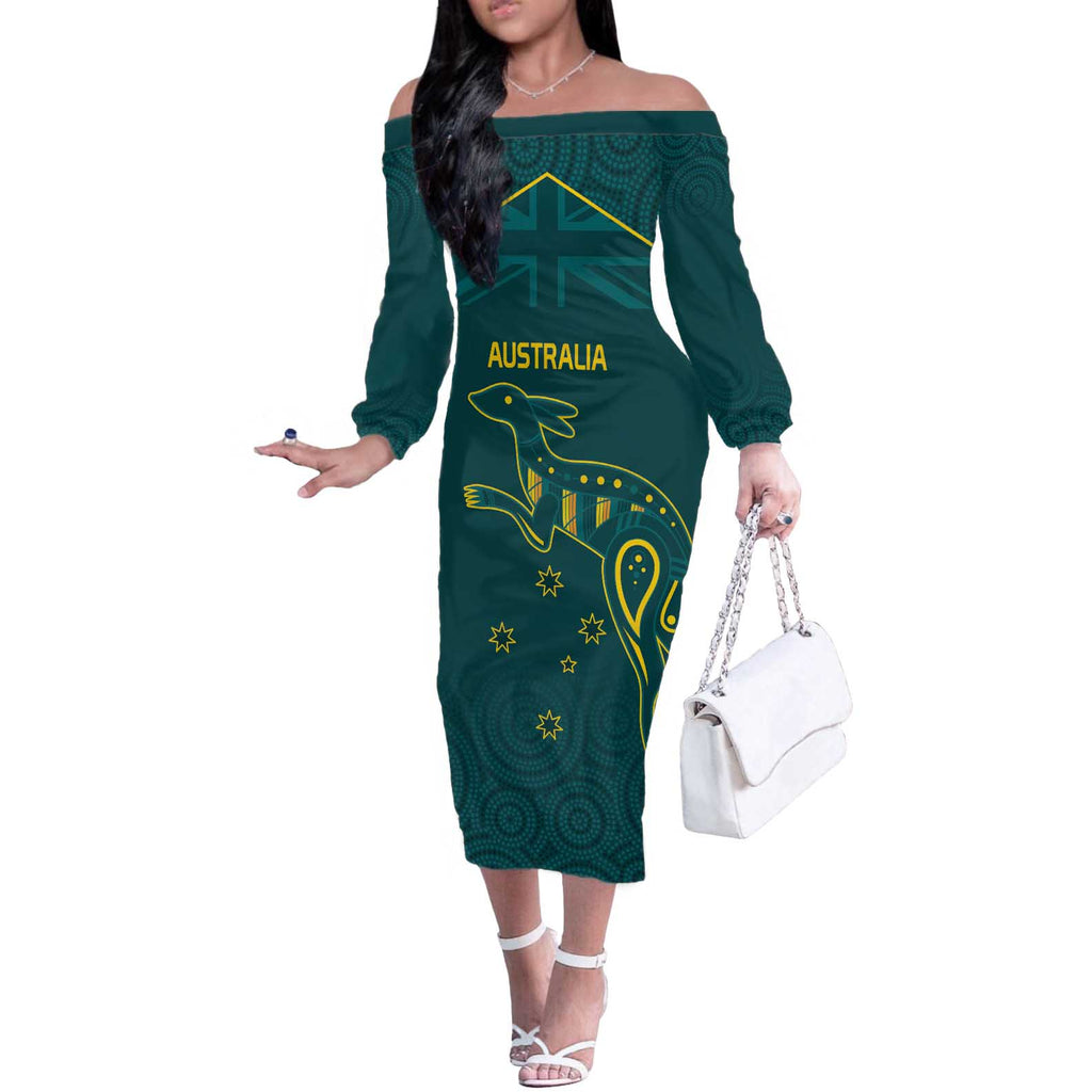 Custom Australia Rugby Off The Shoulder Long Sleeve Dress Proud of Aussie Kangaroo