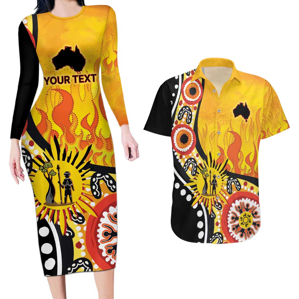 Australia Bushfire Aboriginal Personalised Couples Matching Long Sleeve Bodycon Dress and Hawaiian Shirt Bush Fire Dreaming - Aussie Hoodie