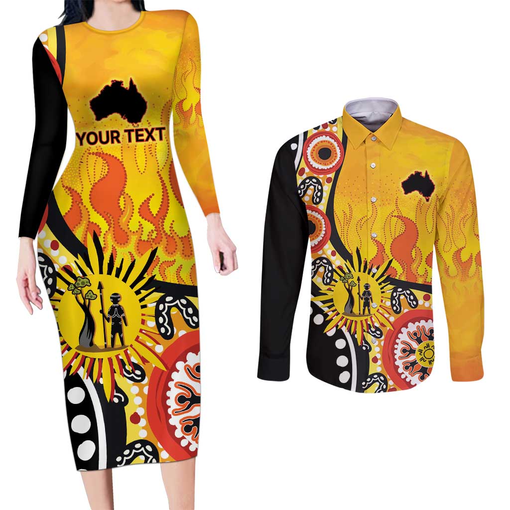 Australia Bushfire Aboriginal Personalised Couples Matching Long Sleeve Bodycon Dress and Long Sleeve Button Shirt Bush Fire Dreaming - Aussie Hoodie