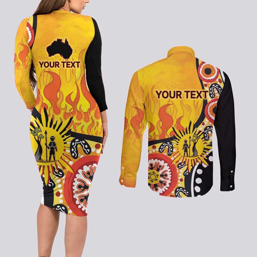 Australia Bushfire Aboriginal Personalised Couples Matching Long Sleeve Bodycon Dress and Long Sleeve Button Shirt Bush Fire Dreaming - Aussie Hoodie