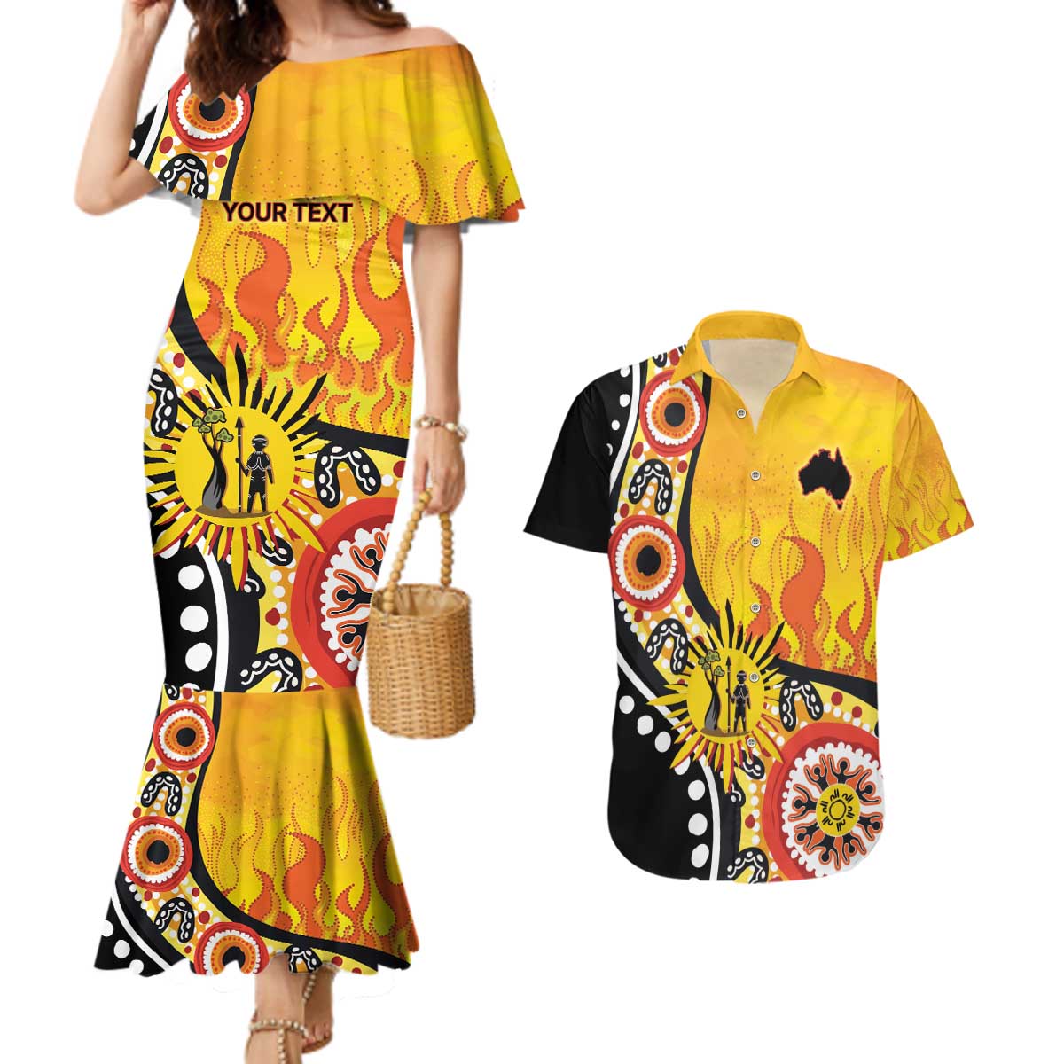 Australia Bushfire Aboriginal Personalised Couples Matching Mermaid Dress and Hawaiian Shirt Bush Fire Dreaming - Aussie Hoodie