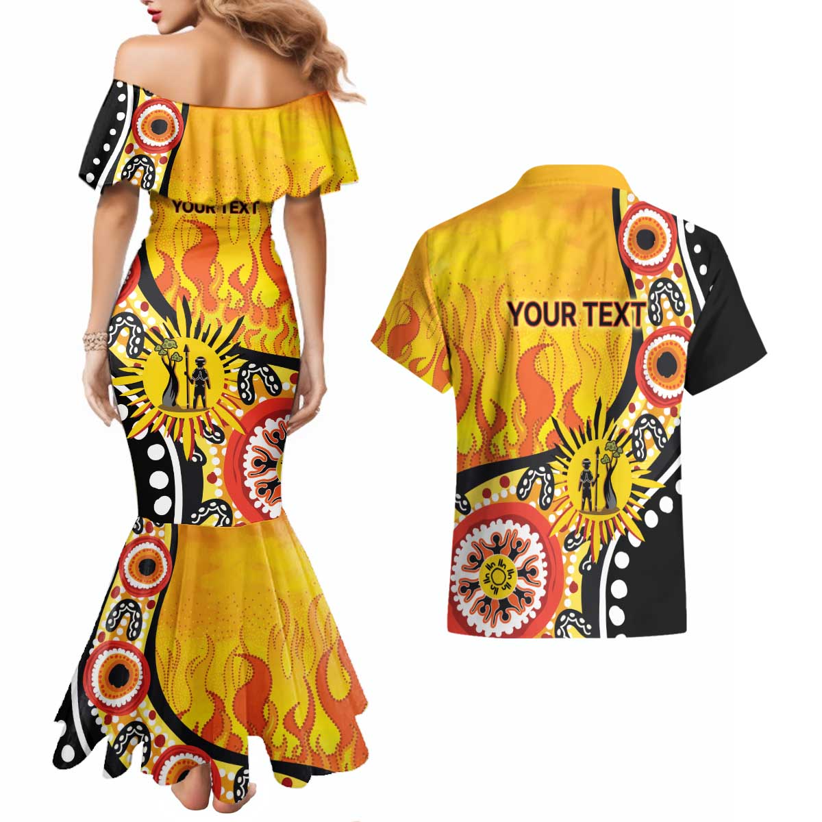 Australia Bushfire Aboriginal Personalised Couples Matching Mermaid Dress and Hawaiian Shirt Bush Fire Dreaming - Aussie Hoodie