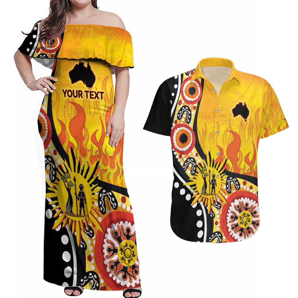 Australia Bushfire Aboriginal Personalised Couples Matching Off Shoulder Maxi Dress and Hawaiian Shirt Bush Fire Dreaming - Aussie Hoodie