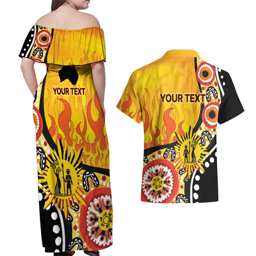 Australia Bushfire Aboriginal Personalised Couples Matching Off Shoulder Maxi Dress and Hawaiian Shirt Bush Fire Dreaming - Aussie Hoodie