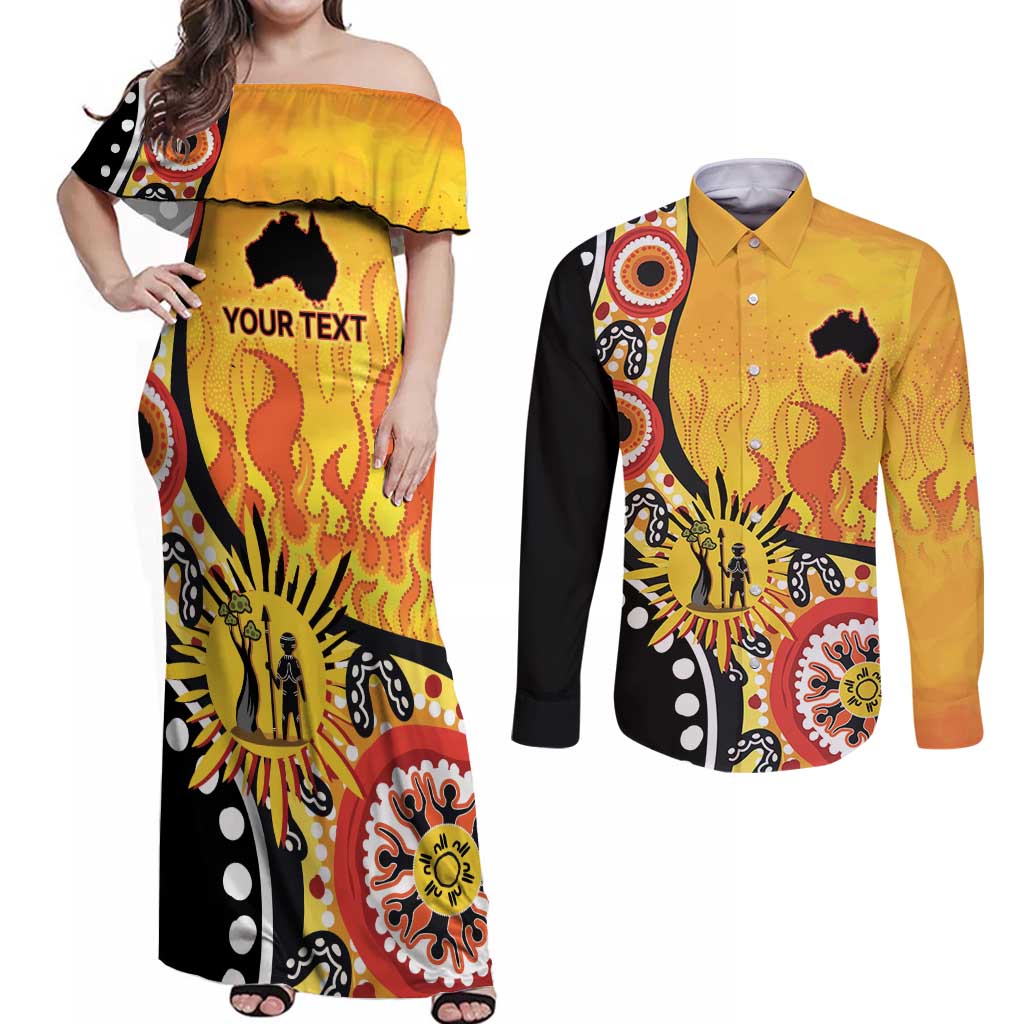 Australia Bushfire Aboriginal Personalised Couples Matching Off Shoulder Maxi Dress and Long Sleeve Button Shirt Bush Fire Dreaming - Aussie Hoodie