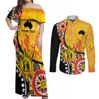Australia Bushfire Aboriginal Personalised Couples Matching Off Shoulder Maxi Dress and Long Sleeve Button Shirt Bush Fire Dreaming - Aussie Hoodie