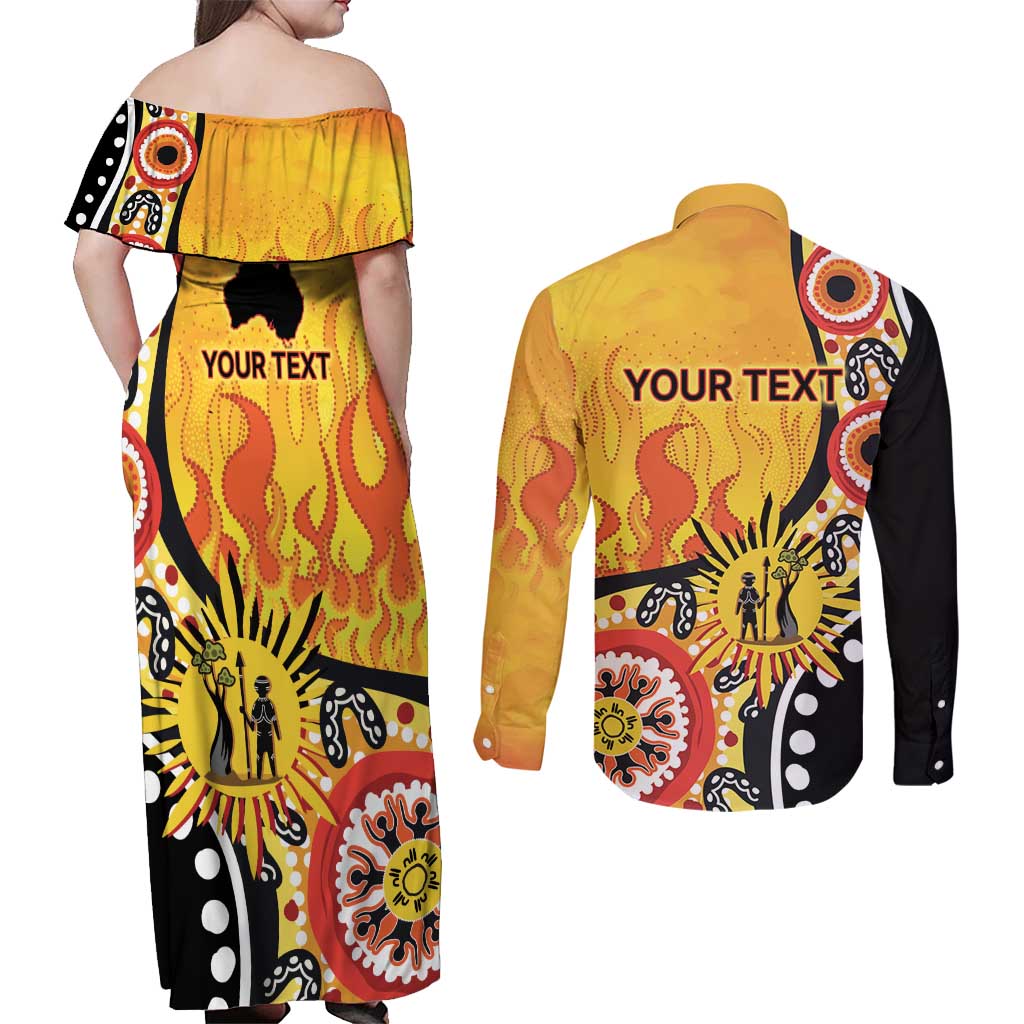 Australia Bushfire Aboriginal Personalised Couples Matching Off Shoulder Maxi Dress and Long Sleeve Button Shirt Bush Fire Dreaming - Aussie Hoodie