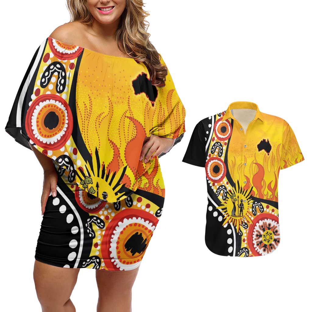 Australia Bushfire Aboriginal Personalised Couples Matching Off Shoulder Short Dress and Hawaiian Shirt Bush Fire Dreaming - Aussie Hoodie