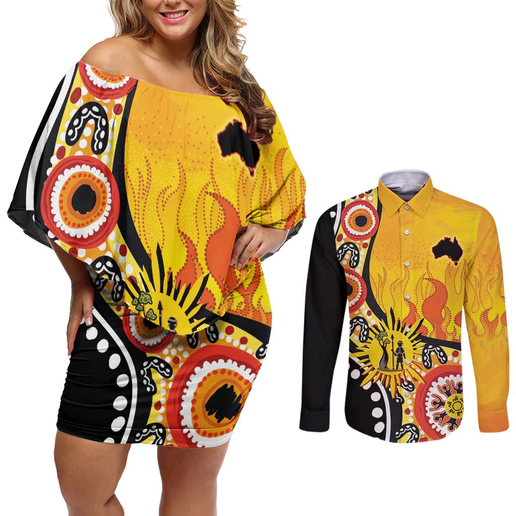 Australia Bushfire Aboriginal Personalised Couples Matching Off Shoulder Short Dress and Long Sleeve Button Shirt Bush Fire Dreaming - Aussie Hoodie
