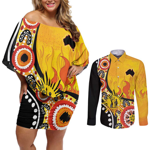 Australia Bushfire Aboriginal Personalised Couples Matching Off Shoulder Short Dress and Long Sleeve Button Shirt Bush Fire Dreaming - Aussie Hoodie
