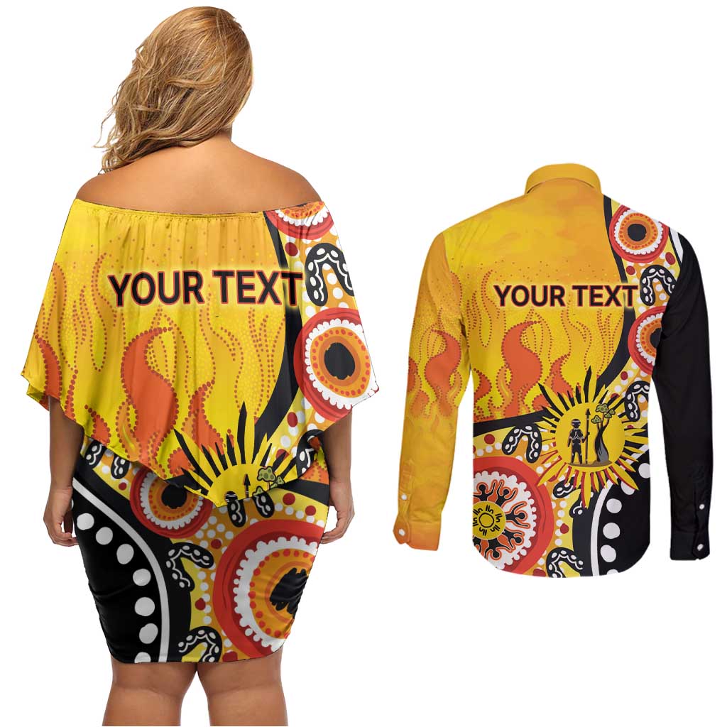 Australia Bushfire Aboriginal Personalised Couples Matching Off Shoulder Short Dress and Long Sleeve Button Shirt Bush Fire Dreaming - Aussie Hoodie