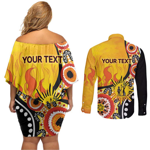 Australia Bushfire Aboriginal Personalised Couples Matching Off Shoulder Short Dress and Long Sleeve Button Shirt Bush Fire Dreaming - Aussie Hoodie