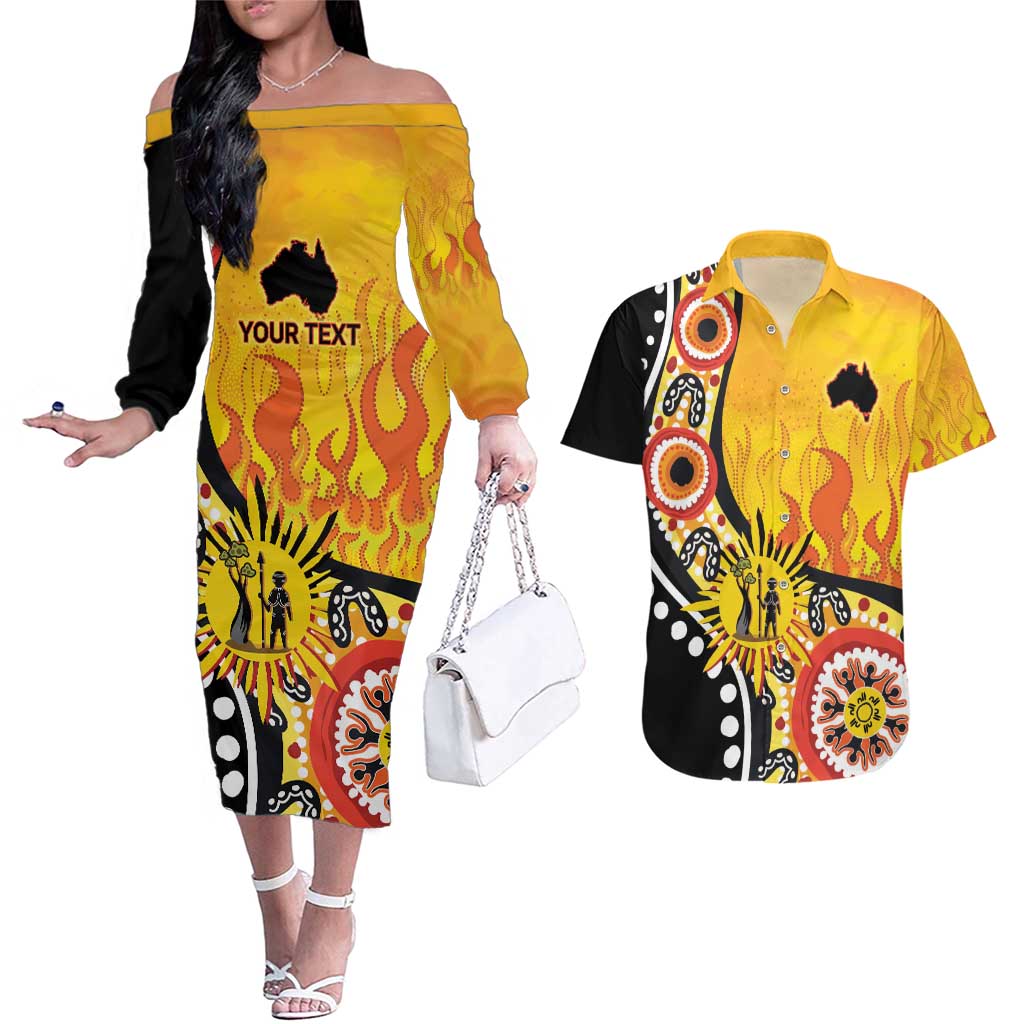 Australia Bushfire Aboriginal Personalised Couples Matching Off The Shoulder Long Sleeve Dress and Hawaiian Shirt Bush Fire Dreaming - Aussie Hoodie