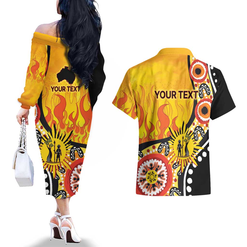 Australia Bushfire Aboriginal Personalised Couples Matching Off The Shoulder Long Sleeve Dress and Hawaiian Shirt Bush Fire Dreaming - Aussie Hoodie
