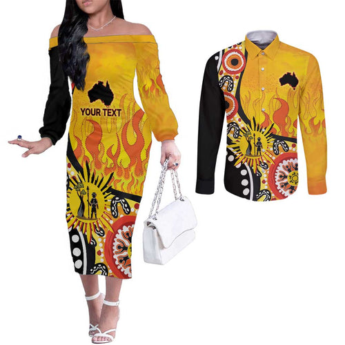 Australia Bushfire Aboriginal Personalised Couples Matching Off The Shoulder Long Sleeve Dress and Long Sleeve Button Shirt Bush Fire Dreaming - Aussie Hoodie