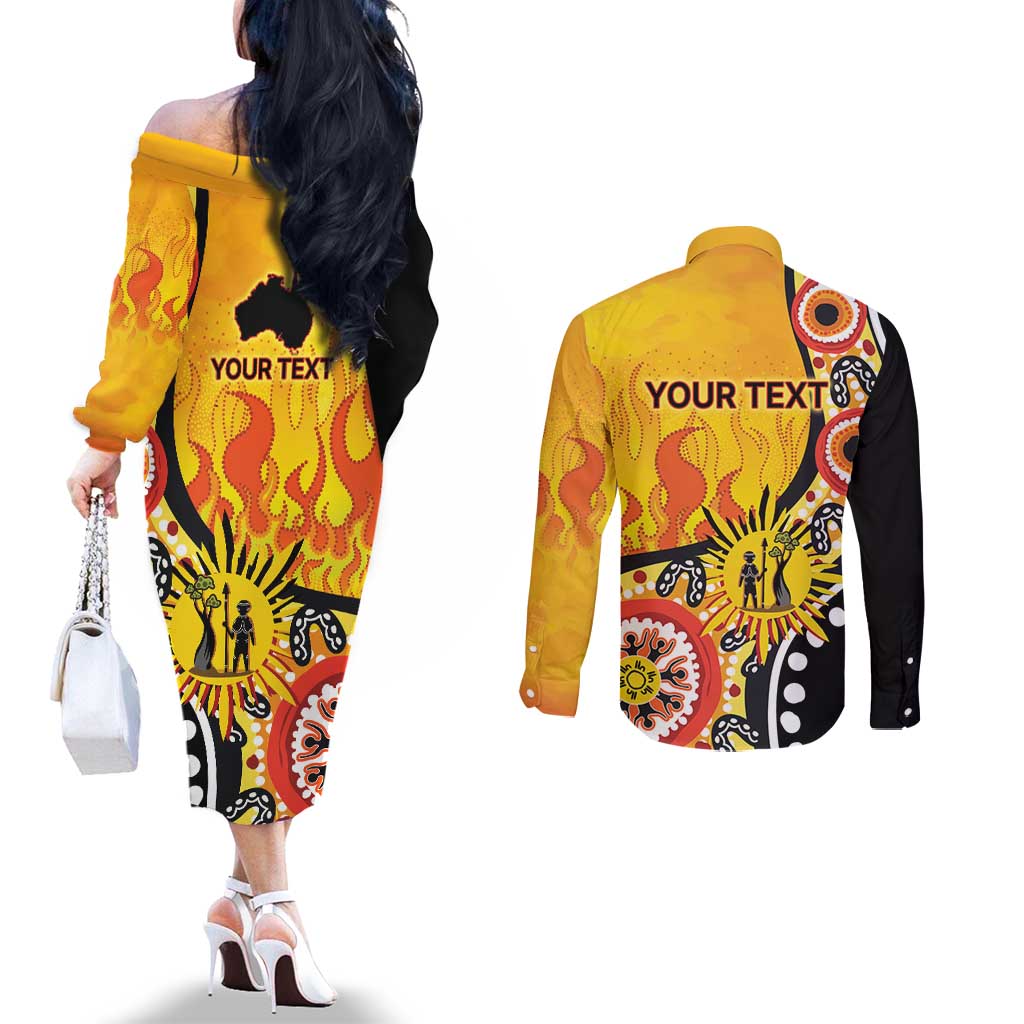 Australia Bushfire Aboriginal Personalised Couples Matching Off The Shoulder Long Sleeve Dress and Long Sleeve Button Shirt Bush Fire Dreaming - Aussie Hoodie