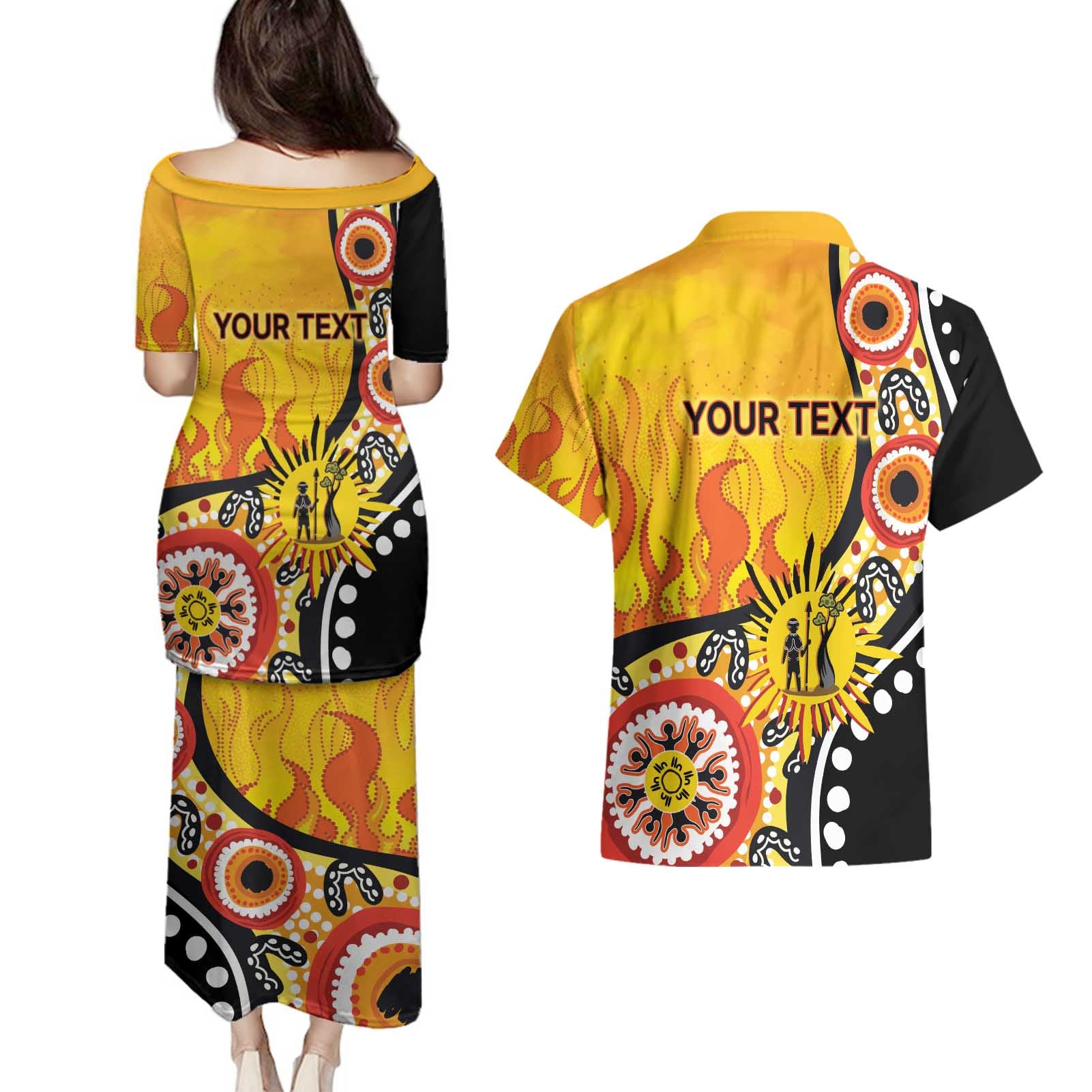 Australia Bushfire Aboriginal Personalised Couples Matching Puletasi and Hawaiian Shirt Bush Fire Dreaming - Aussie Hoodie