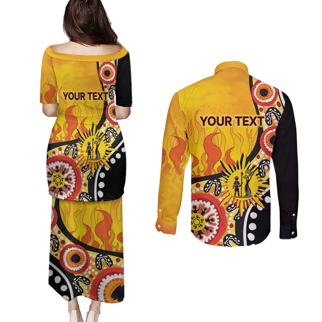 Australia Bushfire Aboriginal Personalised Couples Matching Puletasi and Long Sleeve Button Shirt Bush Fire Dreaming - Aussie Hoodie