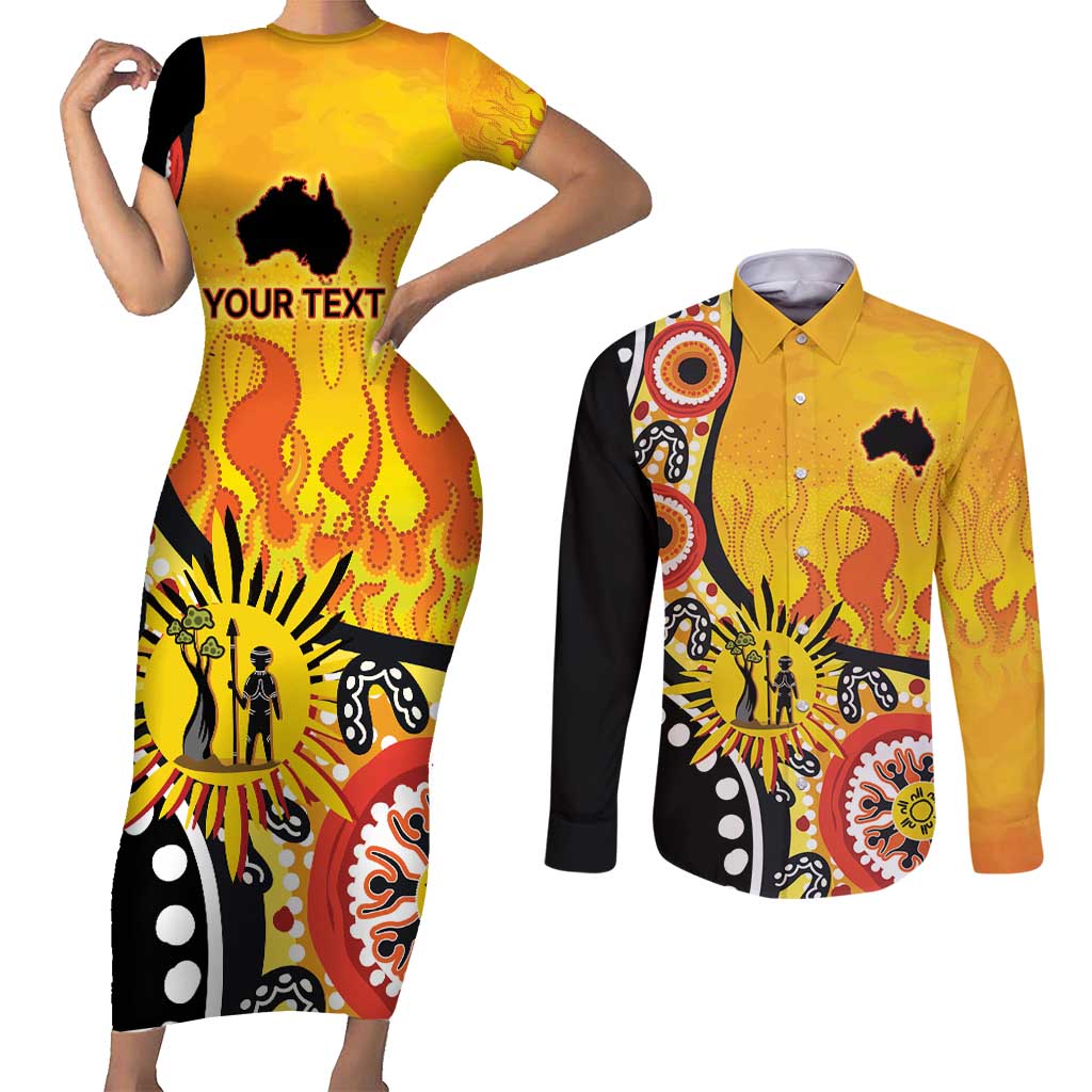 Australia Bushfire Aboriginal Personalised Couples Matching Short Sleeve Bodycon Dress and Long Sleeve Button Shirt Bush Fire Dreaming - Aussie Hoodie