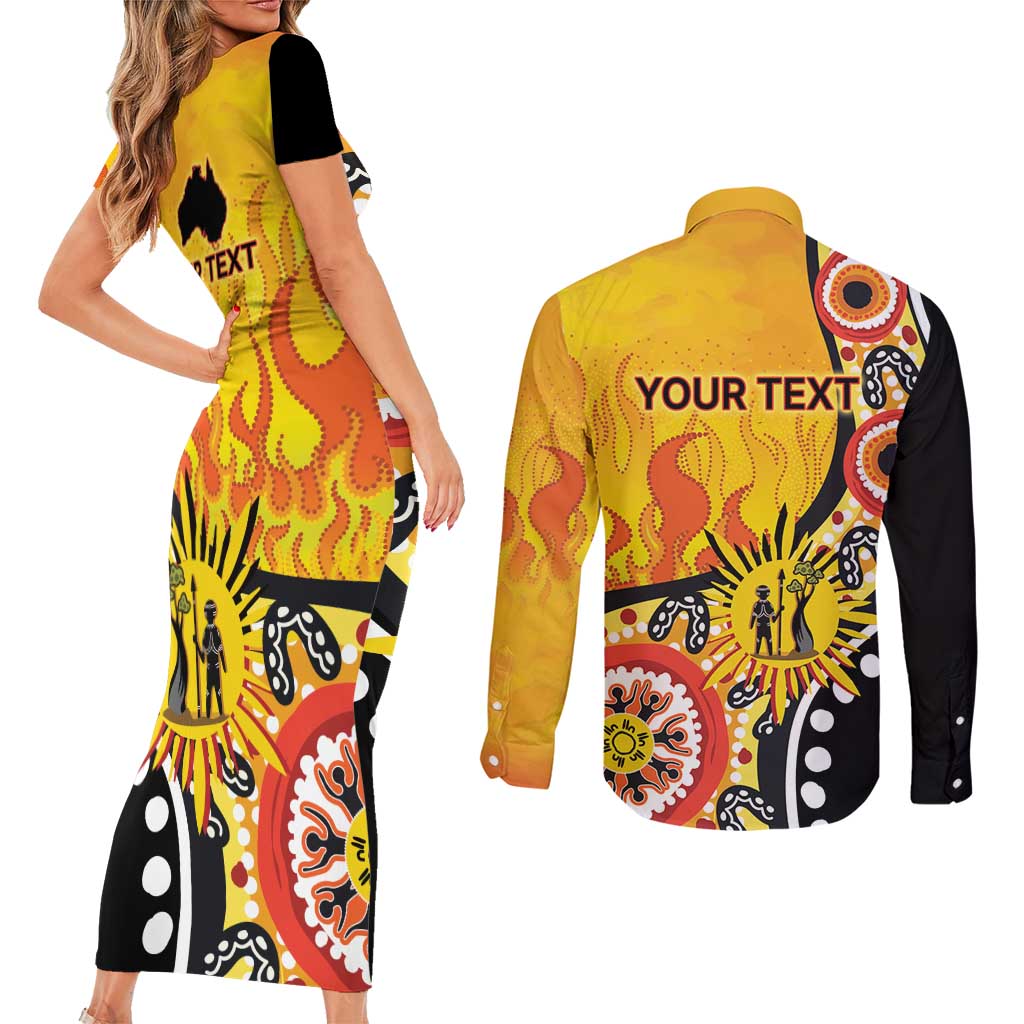 Australia Bushfire Aboriginal Personalised Couples Matching Short Sleeve Bodycon Dress and Long Sleeve Button Shirt Bush Fire Dreaming - Aussie Hoodie