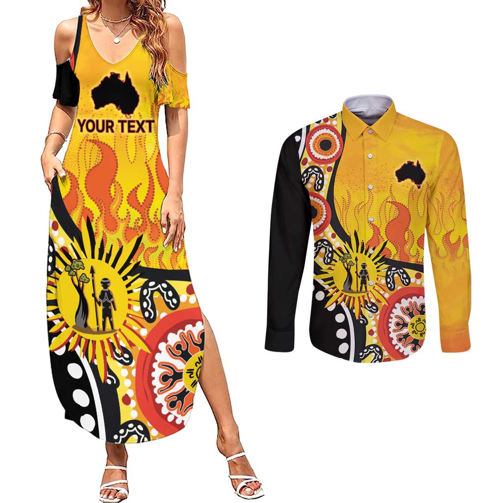 Australia Bushfire Aboriginal Personalised Couples Matching Summer Maxi Dress and Long Sleeve Button Shirt Bush Fire Dreaming - Aussie Hoodie